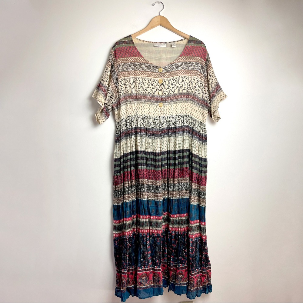 Boho Cotton Gauze Block Print Maxi Dress XL Eclectic Maximalist Artsy Unique